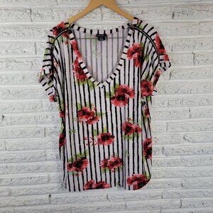 Bae City 3X Plus Red Stripe Floral T-Shirt Zip Shoulder V-Neck Jersey FLO296E